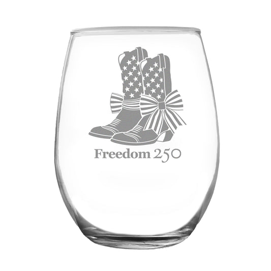 Freedom 250 Cowgirl Boots Engraved Stemless Wine Glass 15 oz