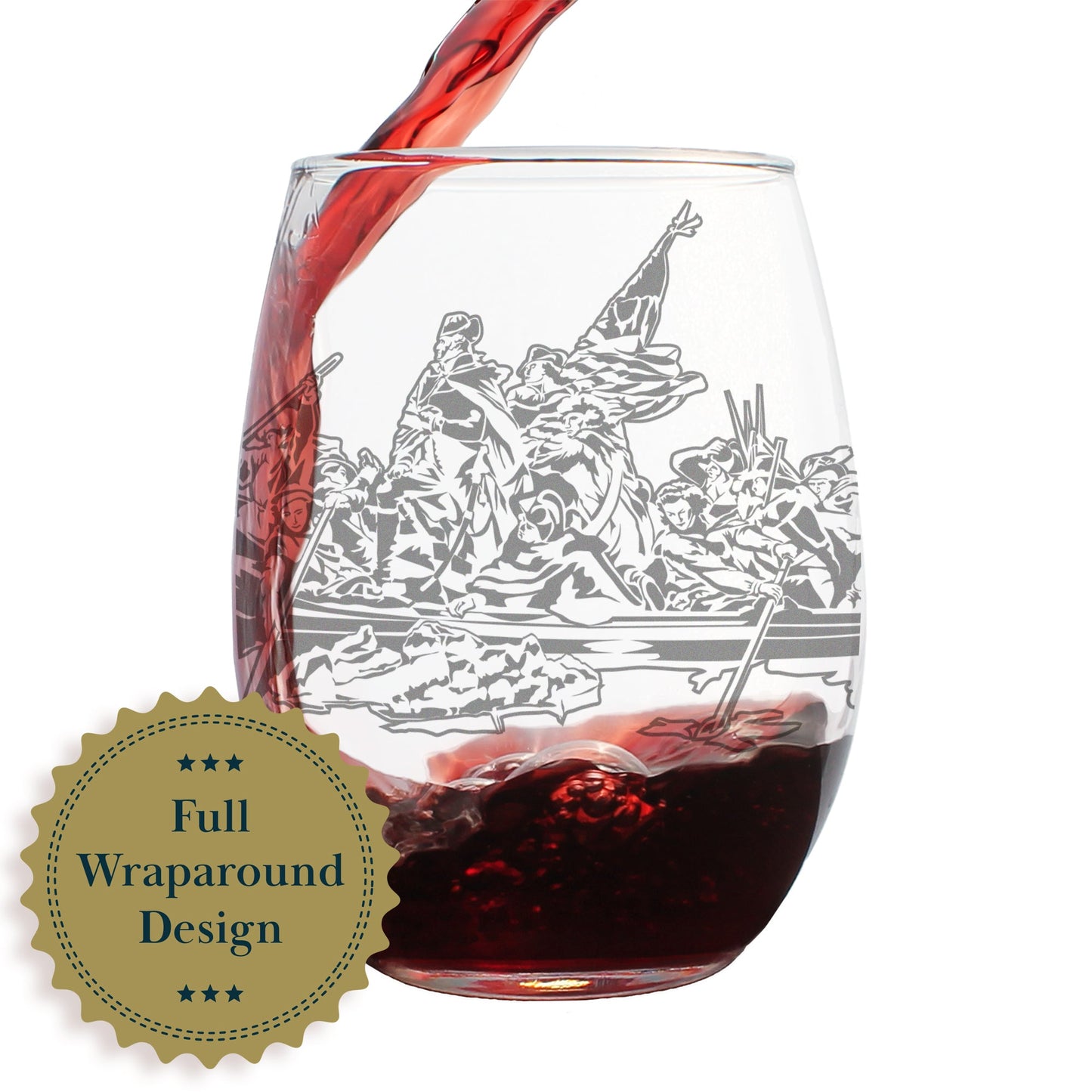 Freedom 250 Washington Crossing the Delaware Engraved Stemless Wine Glass Official Merch for 250th Anniversary of the USA Wine Glasses - 15 oz