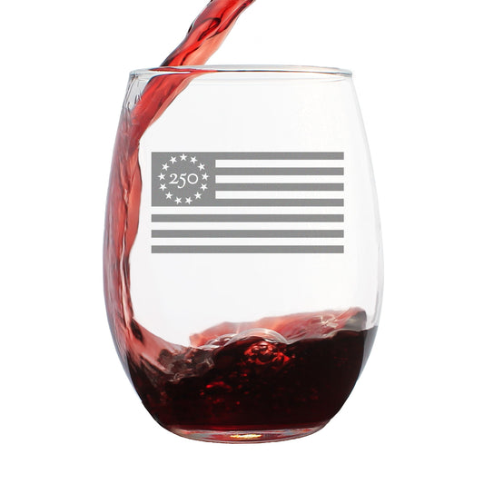 Freedom 250 Flag Logo Engraved Stemless Wine Glass 15 oz