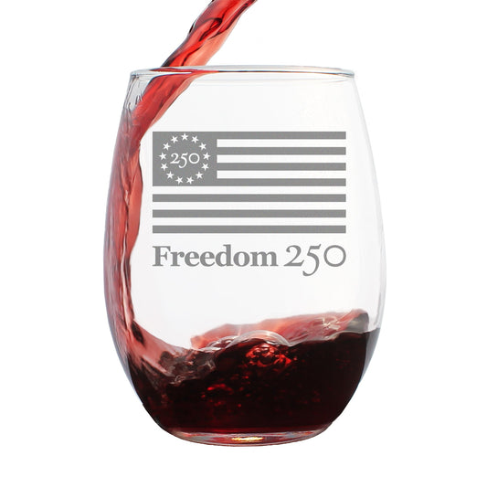 Freedom 250 Logo Engraved Stemless Wine Glass 15 oz