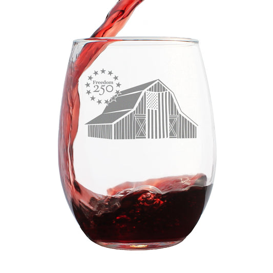 Freedom 250 Homestead Barn Engraved Stemless Wine Glass 15 oz