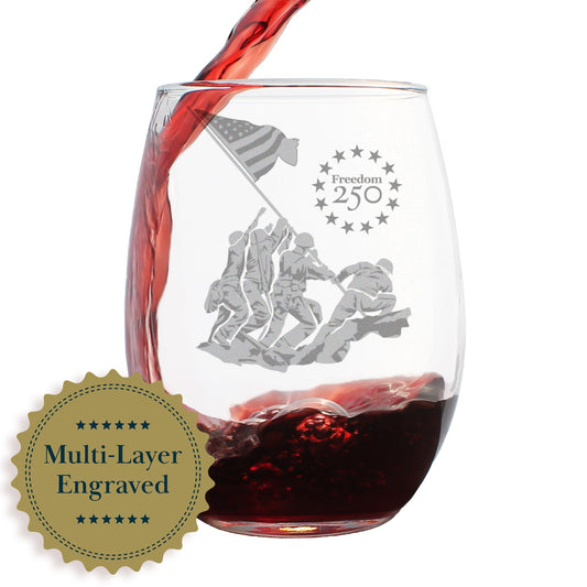 Freedom 250 Raising the Flag on Iwo Jima Engraved Stemless Wine Glass 15 oz