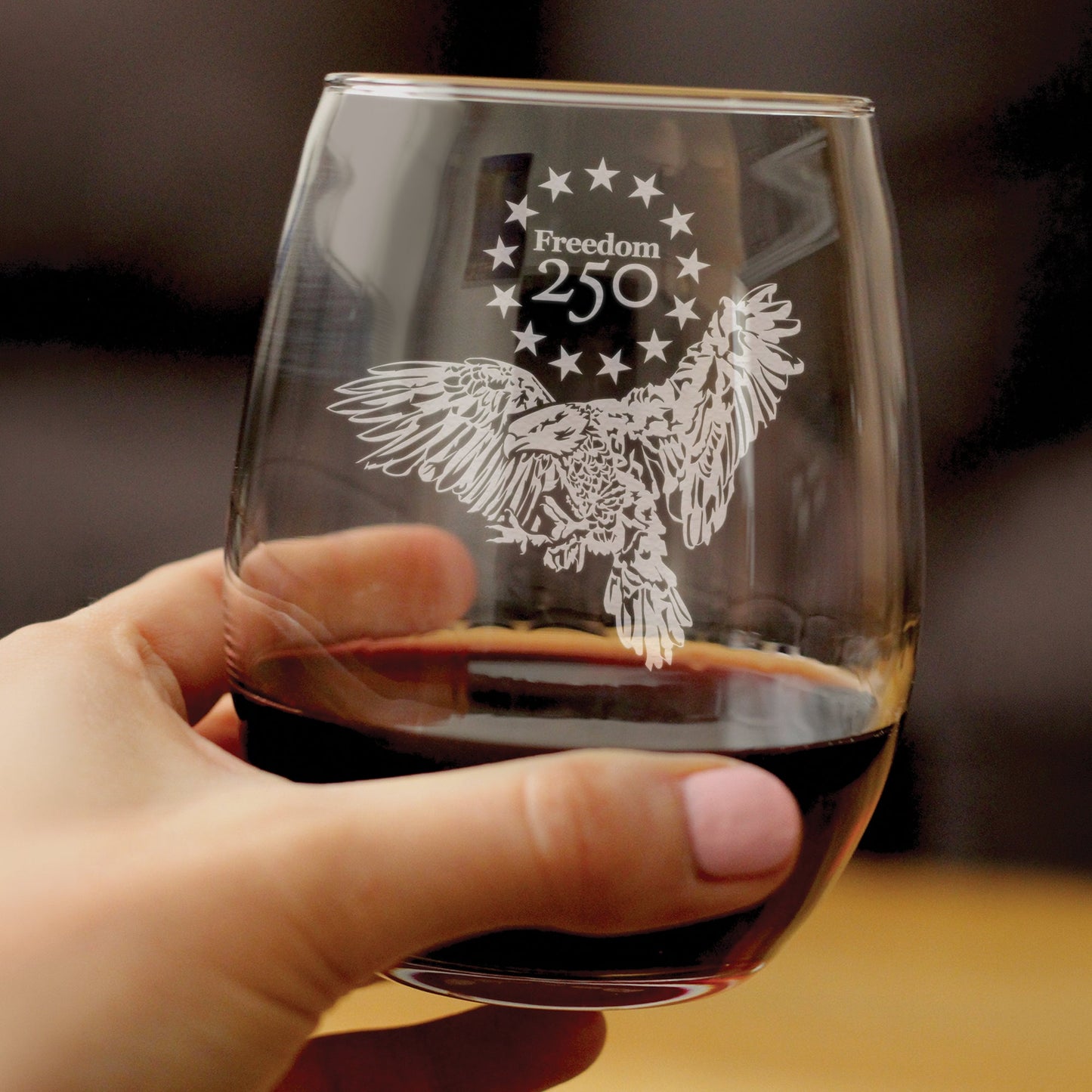 Freedom 250 Bald Eagle Engraved Stemless Wine Glass Official Merch for 250th Anniversary of the USA Wine Glasses - 15 oz