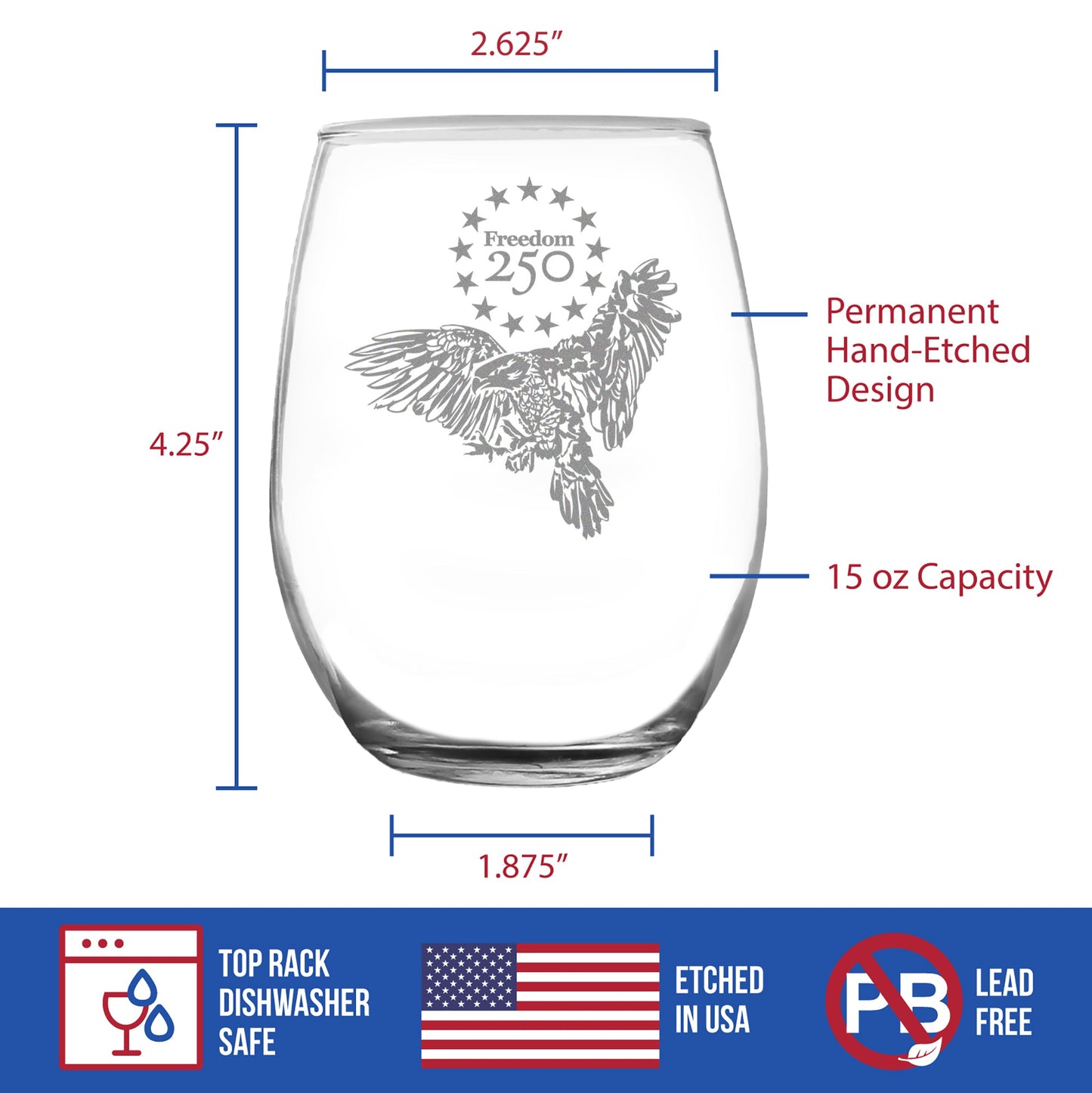Freedom 250 Bald Eagle Engraved Stemless Wine Glass Official Merch for 250th Anniversary of the USA Wine Glasses - 15 oz