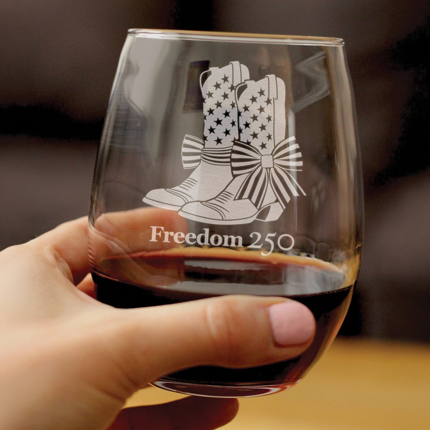 Freedom 250 Cowgirl Boots Engraved Stemless Wine Glass 15 oz
