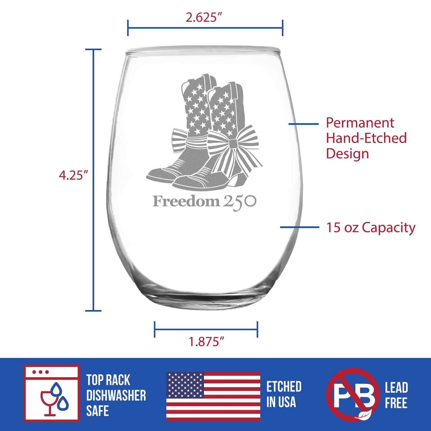 Freedom 250 Cowgirl Boots Engraved Stemless Wine Glass 15 oz