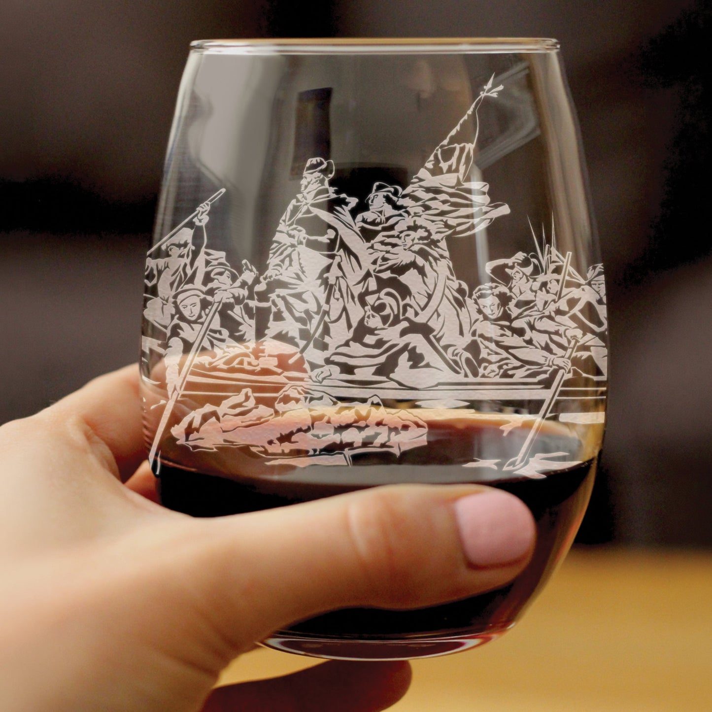 Freedom 250 Washington Crossing the Delaware Engraved Stemless Wine Glass Official Merch for 250th Anniversary of the USA Wine Glasses - 15 oz