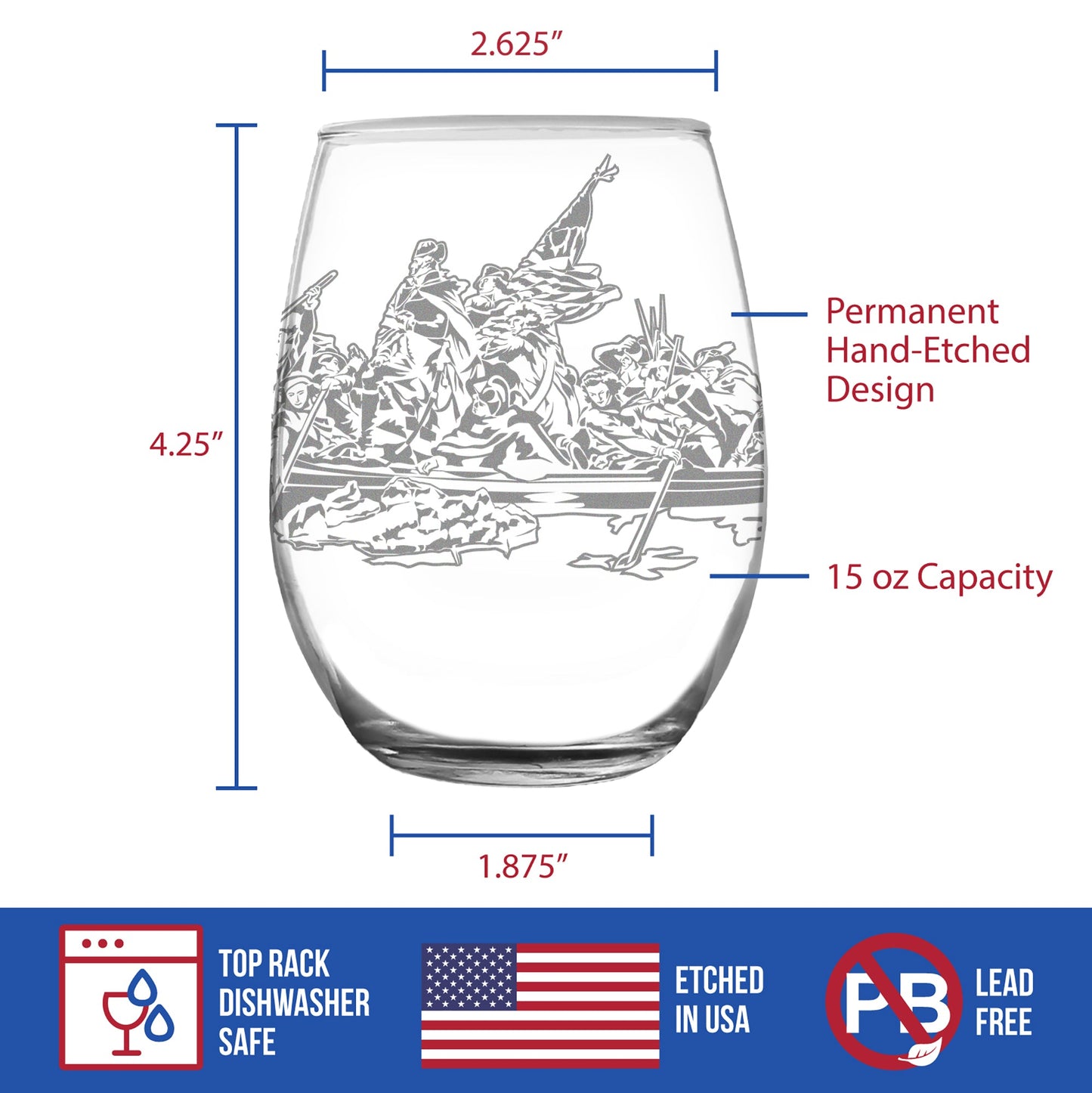 Freedom 250 Washington Crossing the Delaware Engraved Stemless Wine Glass Official Merch for 250th Anniversary of the USA Wine Glasses - 15 oz