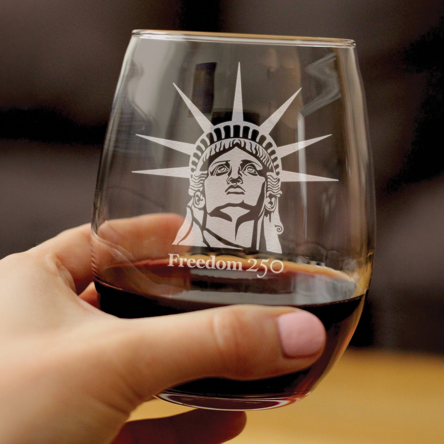 Freedom 250 Statue of Liberty Profile Engraved Stemless Wine Glass 15 oz