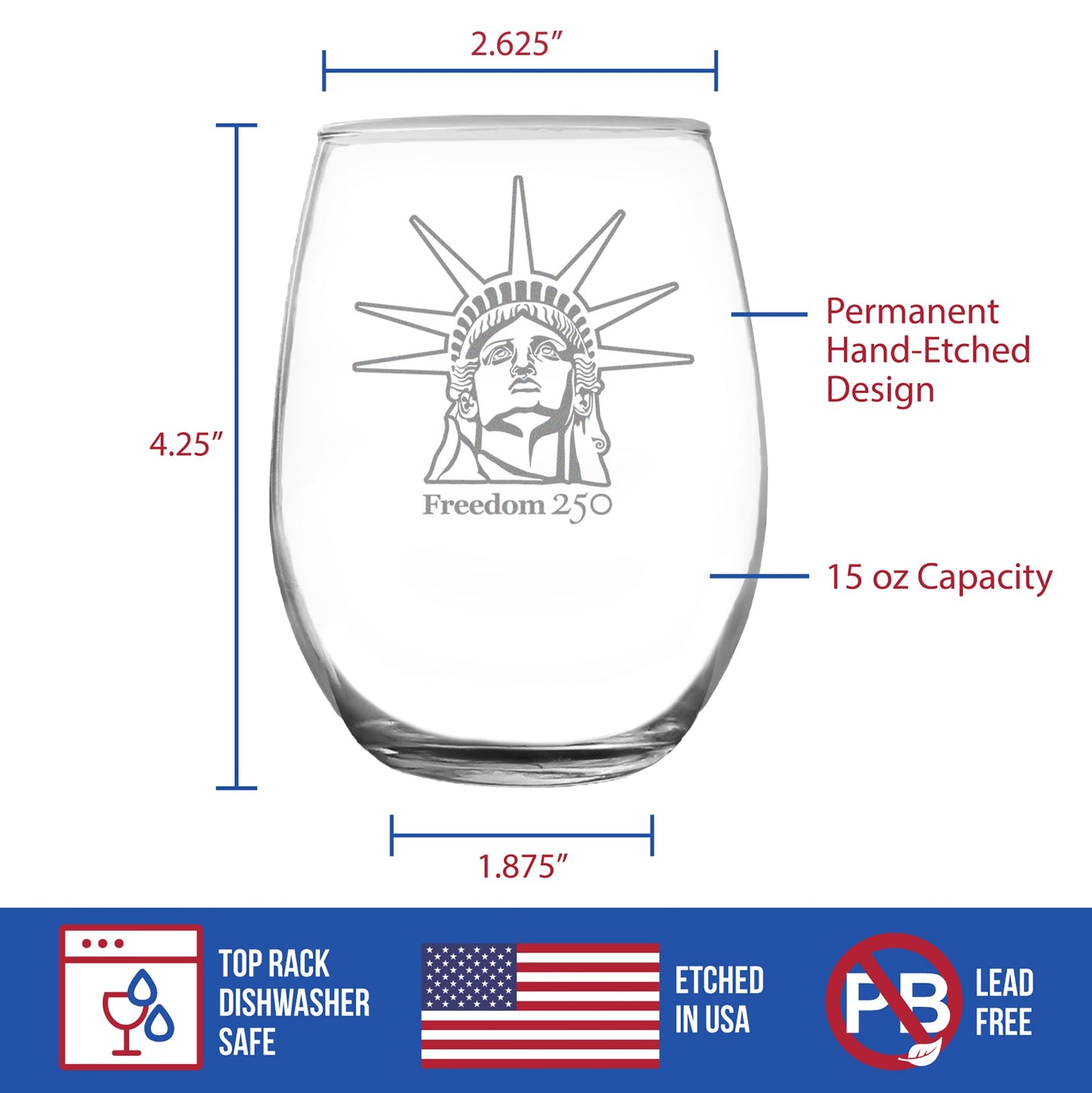 Freedom 250 Statue of Liberty Profile Engraved Stemless Wine Glass 15 oz