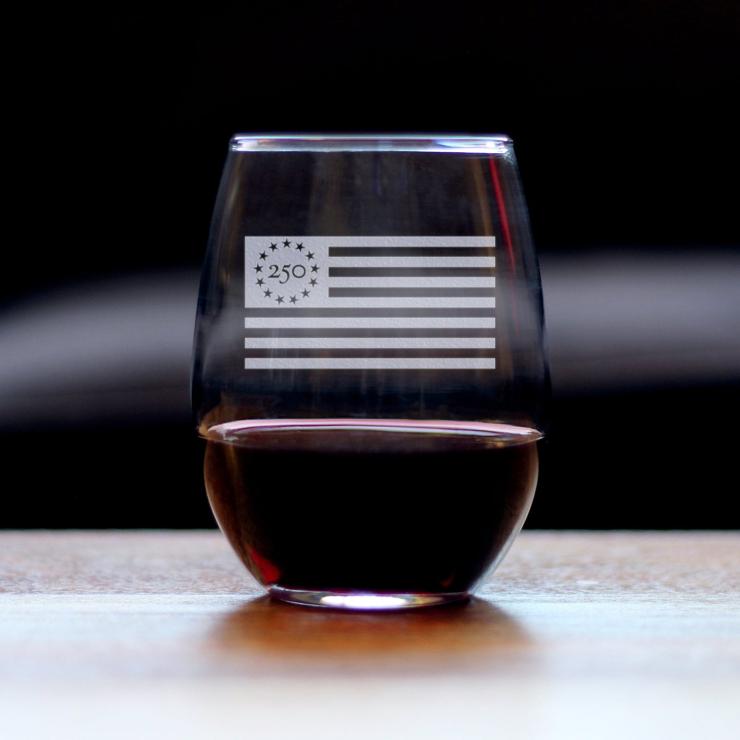 Freedom 250 Flag Logo Engraved Stemless Wine Glass 15 oz