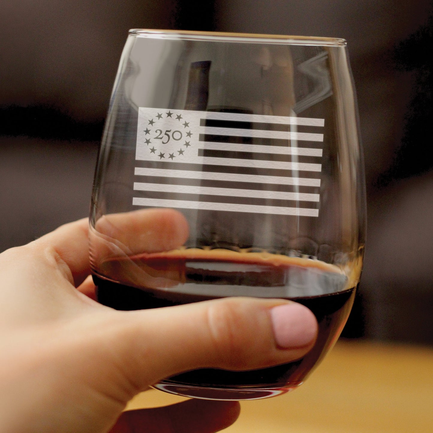 Freedom 250 Flag Logo Engraved Stemless Wine Glass 15 oz