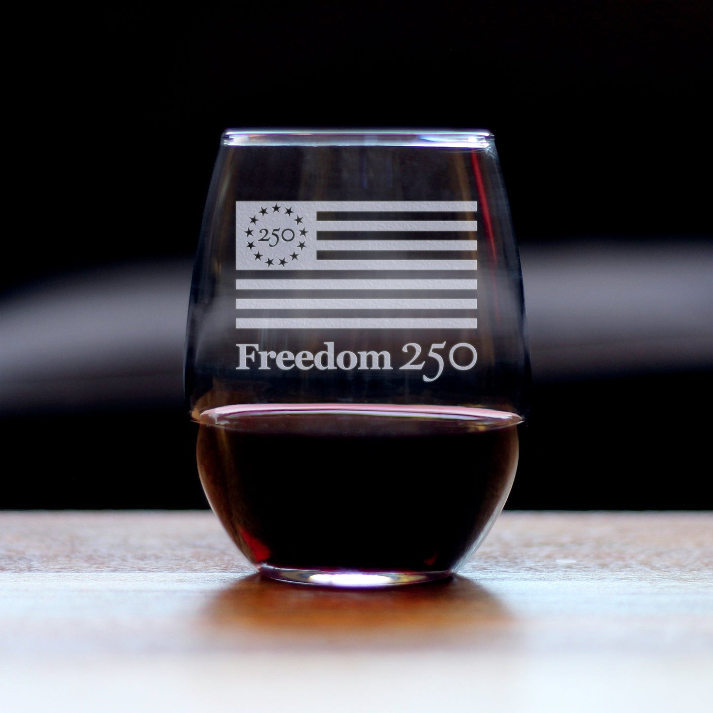 Freedom 250 Logo Engraved Stemless Wine Glass 15 oz