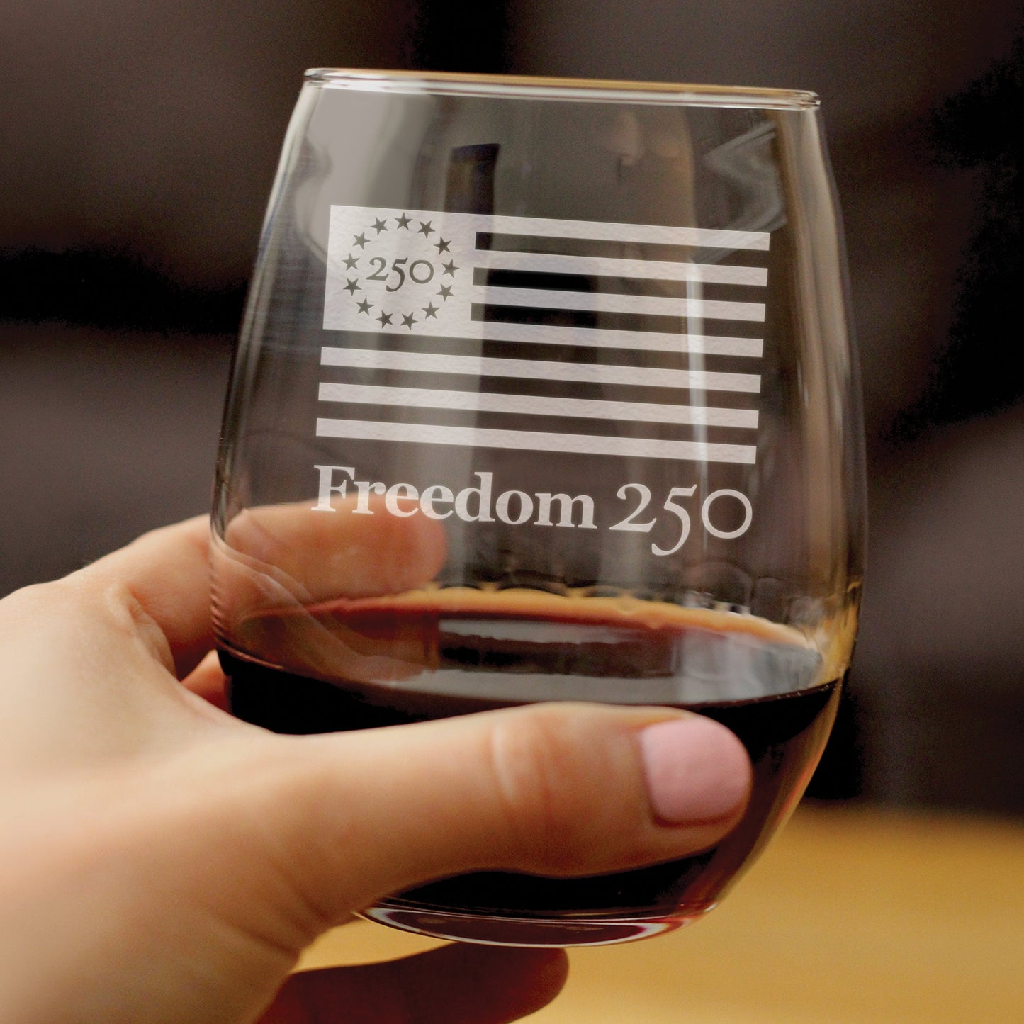 Freedom 250 Logo Engraved Stemless Wine Glass 15 oz