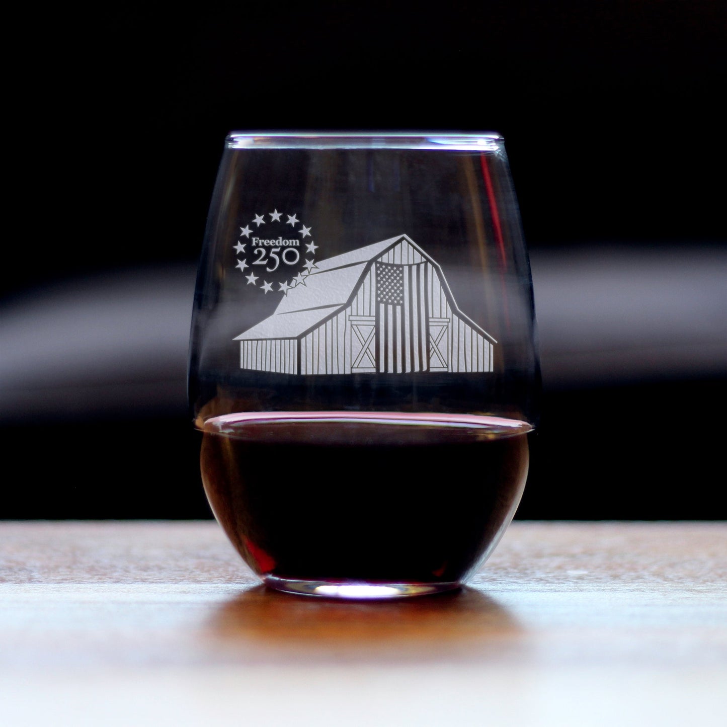 Freedom 250 Homestead Barn Engraved Stemless Wine Glass 15 oz
