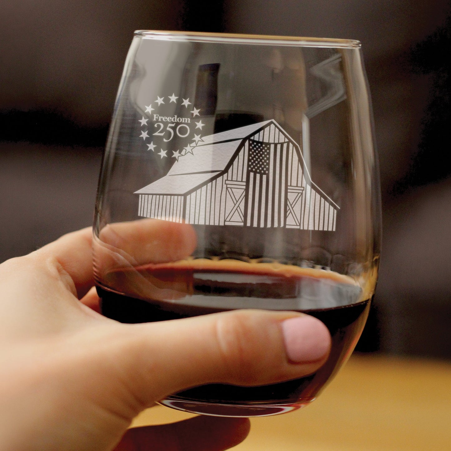 Freedom 250 Homestead Barn Engraved Stemless Wine Glass 15 oz