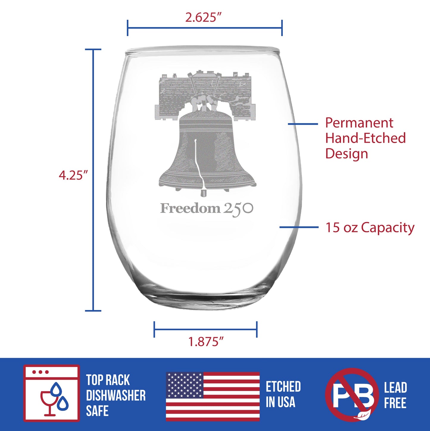 Freedom 250 Liberty Bell Engraved Stemless Wine Glass Official Merch for 250th Anniversary of the USA Wine Glasses - 15 oz