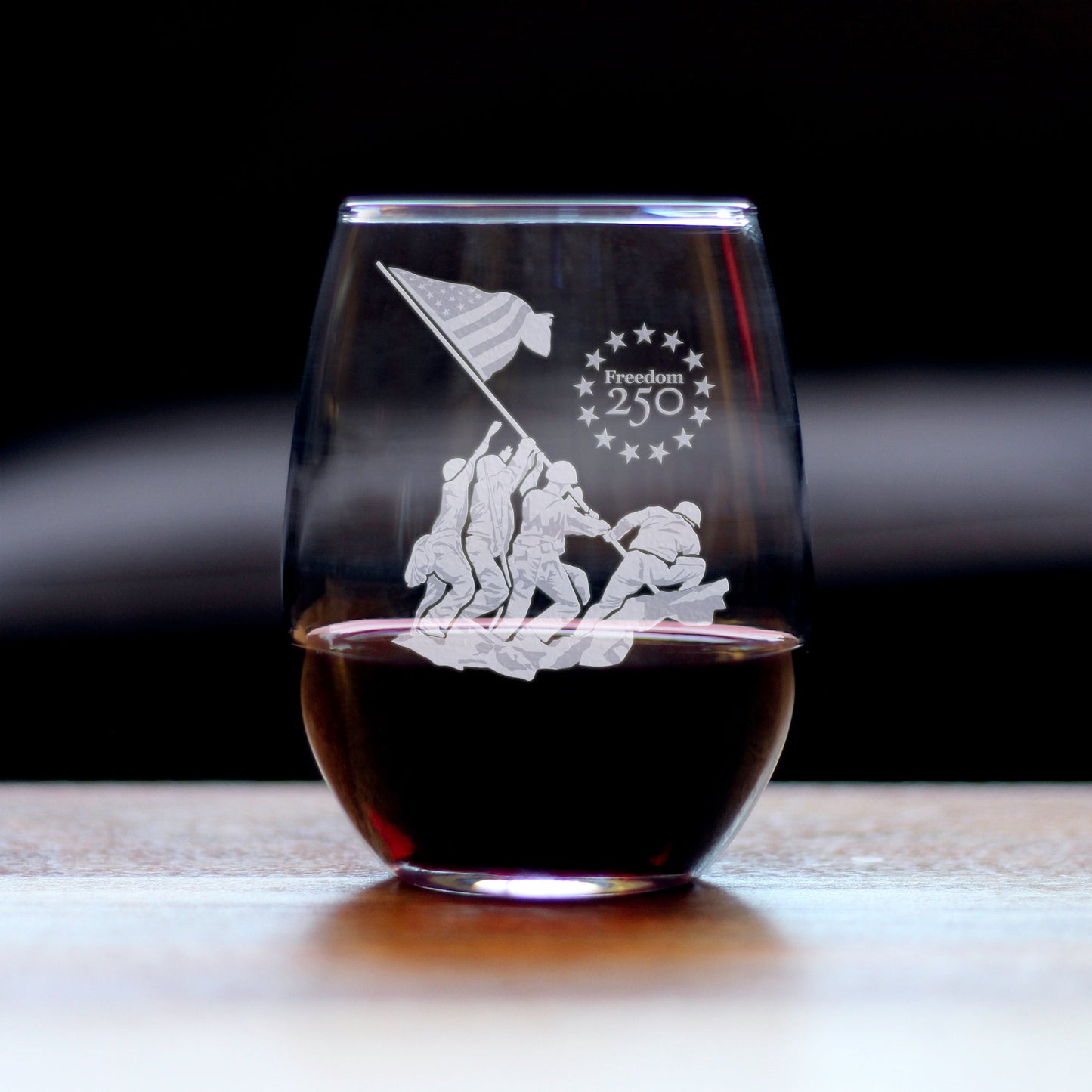 Freedom 250 Raising the Flag on Iwo Jima Engraved Stemless Wine Glass Official Merch for 250th Anniversary of the USA Wine Glasses - 15 oz
