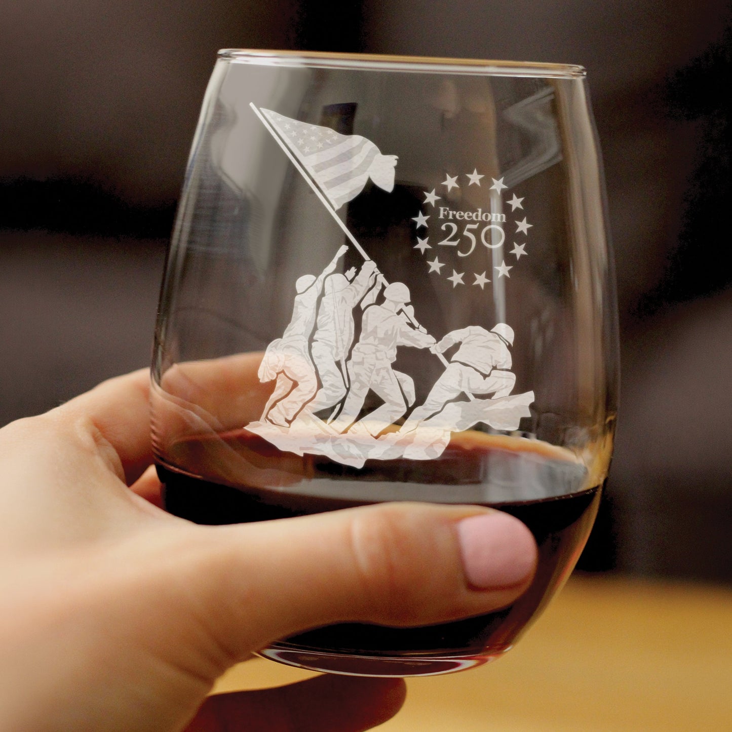 Freedom 250 Raising the Flag on Iwo Jima Engraved Stemless Wine Glass Official Merch for 250th Anniversary of the USA Wine Glasses - 15 oz