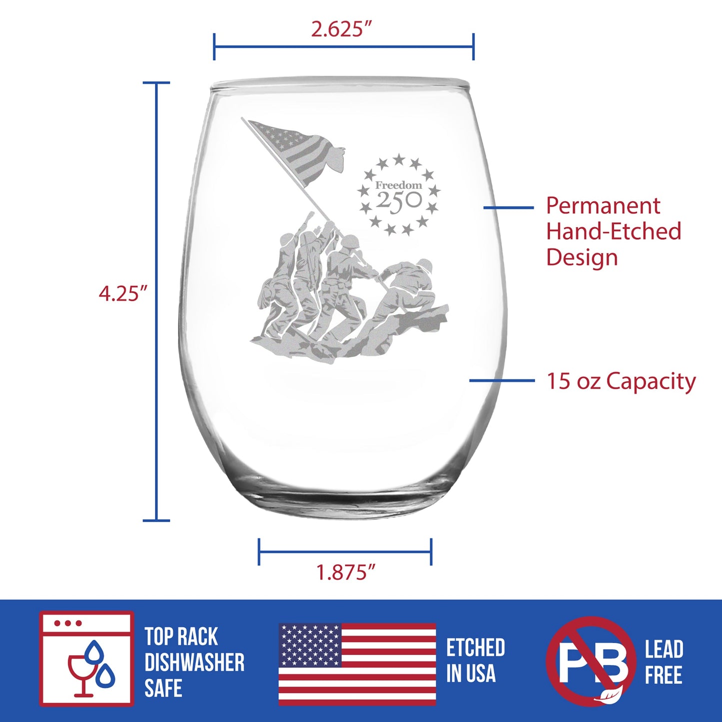 Freedom 250 Raising the Flag on Iwo Jima Engraved Stemless Wine Glass Official Merch for 250th Anniversary of the USA Wine Glasses - 15 oz