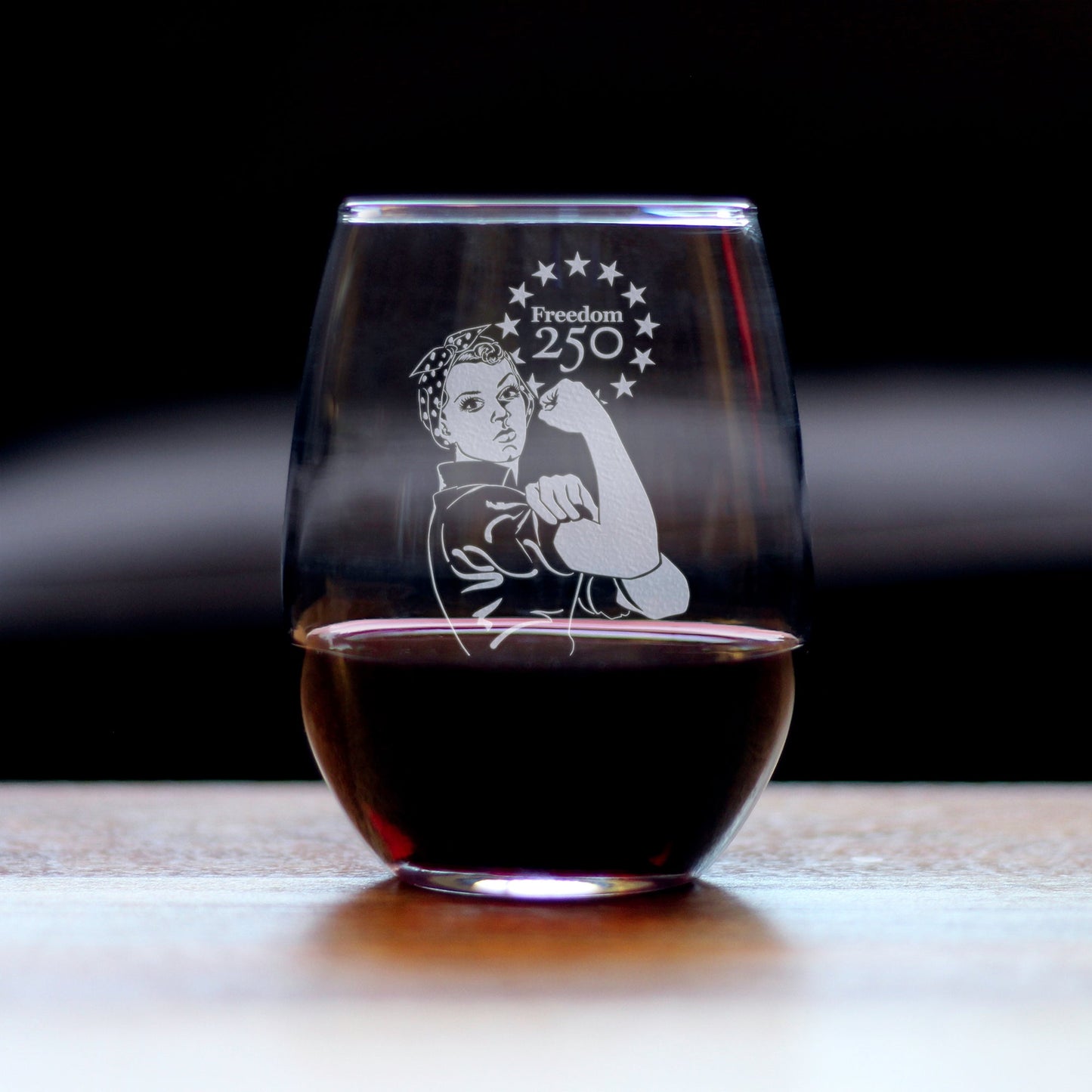 Freedom 250 Rosie the Riveter Engraved Stemless Wine Glass 15 oz