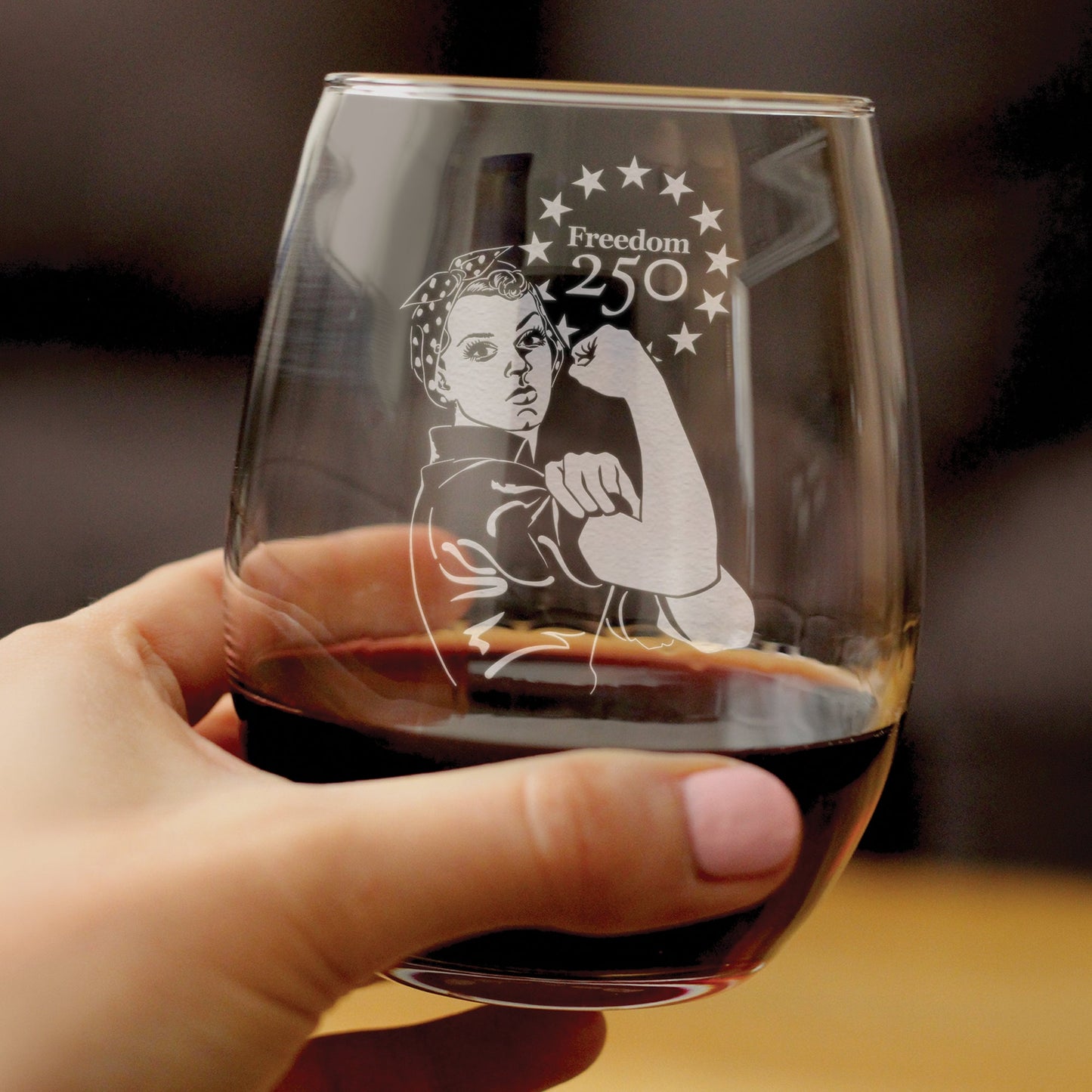 Freedom 250 Rosie the Riveter Engraved Stemless Wine Glass 15 oz