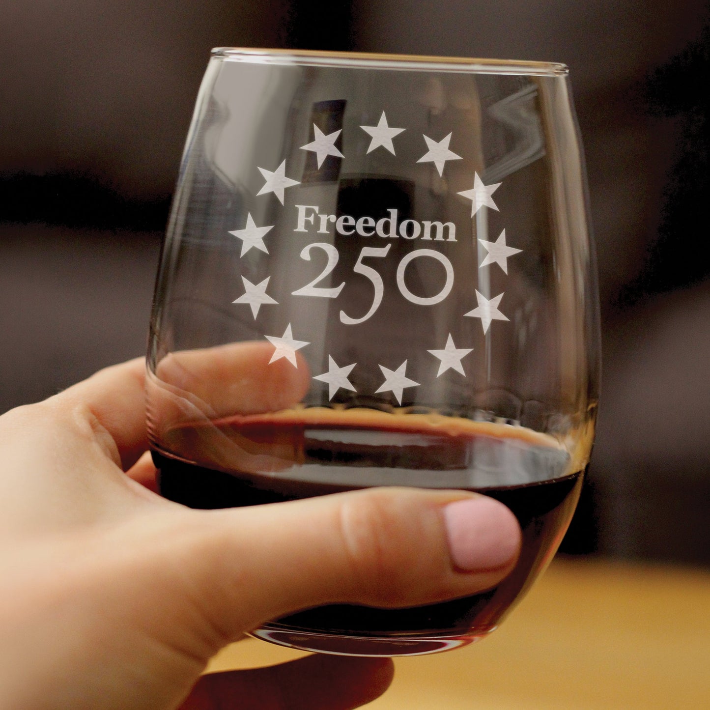 Freedom 250 Betsy Ross Logo Engraved Stemless Wine Glass 15 oz