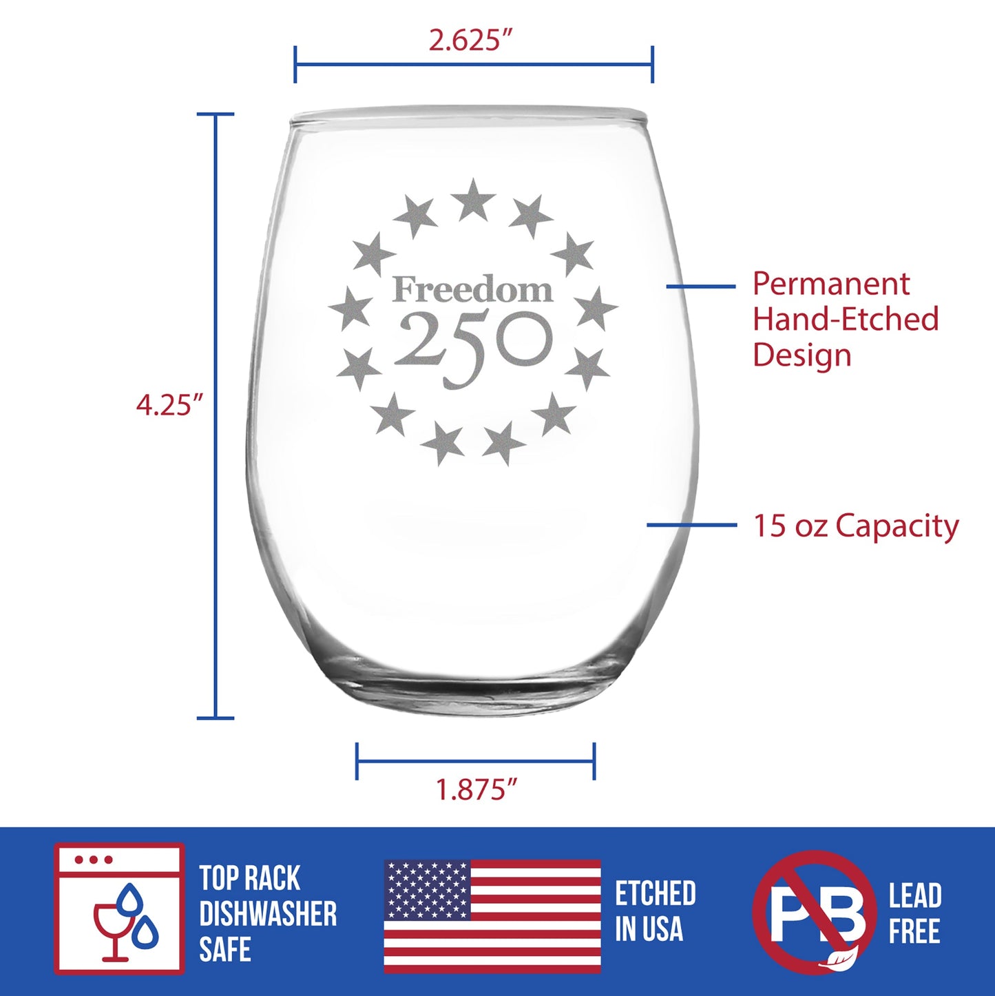 Freedom 250 Betsy Ross Logo Engraved Stemless Wine Glass 15 oz