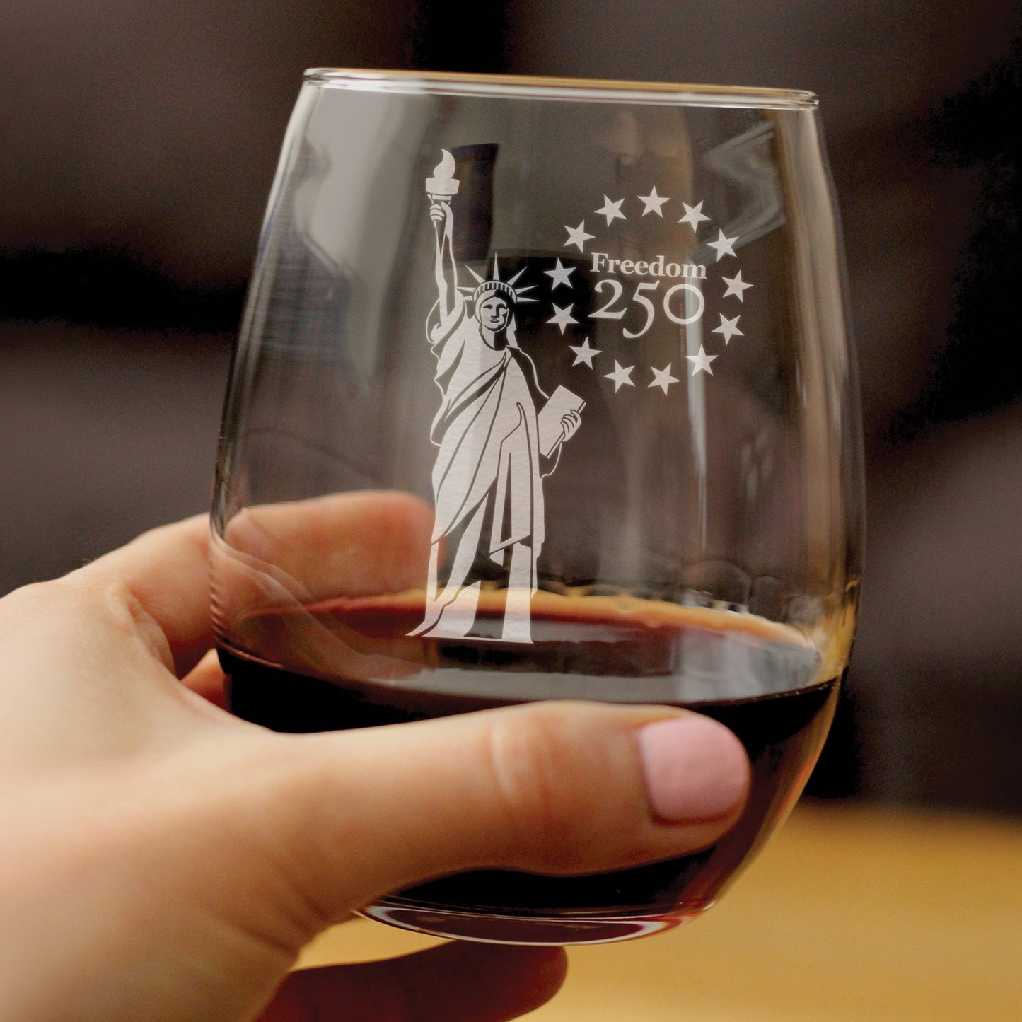 Freedom 250 Statue of Liberty Engraved Stemless Wine Glass 15 oz