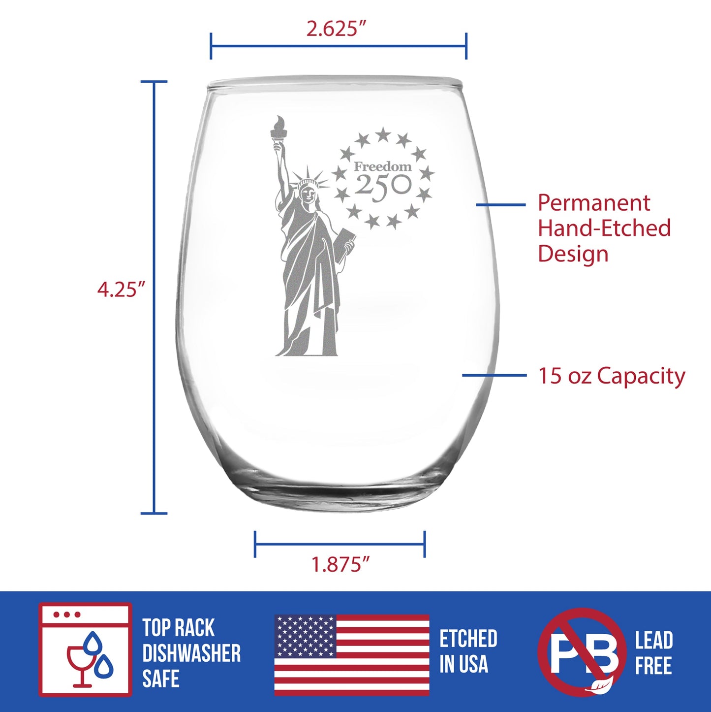 Freedom 250 Statue of Liberty Engraved Stemless Wine Glass 15 oz