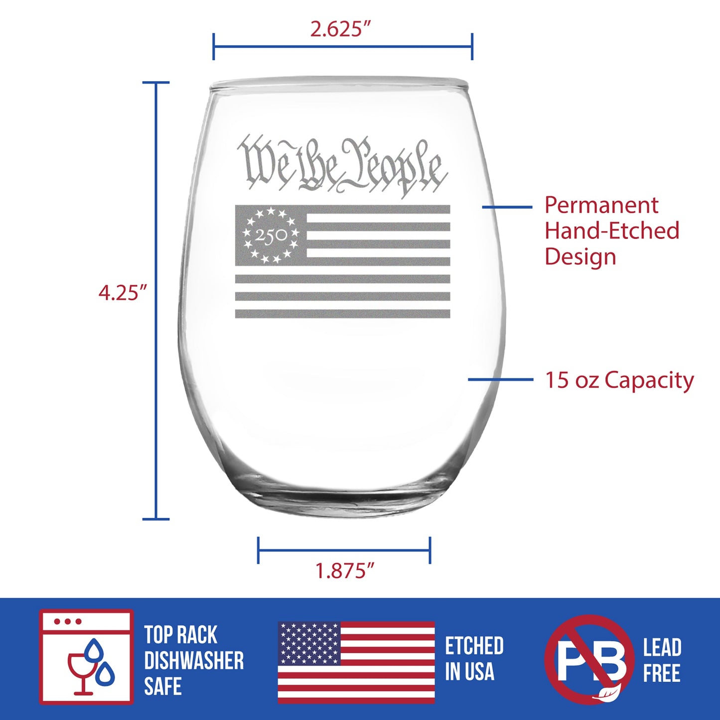 Freedom 250 We the People Engraved Stemless Wine Glass 15 oz